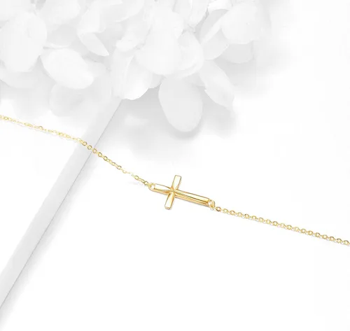 Vista 4 de ELFRONT Pulsera de cruz de oro amarillo de 14 quilates para mujer, regalos de joyería de cruz para ella, Oro amarillo, Sin gemas.