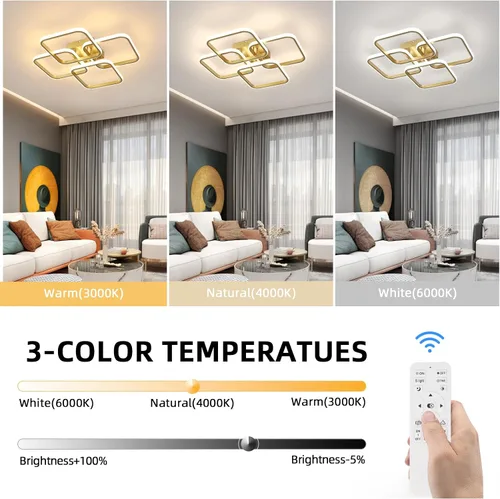 Vista 2 de CANEOE Lámpara de techo LED dorada moderna de 4 cuadrados, regulable, control remoto, montaje empotrado cuadrado, iluminación