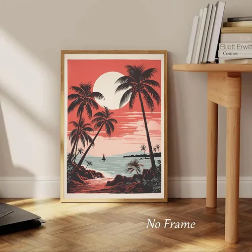 Vista 6 de Arte de pared vintage de paisaje marino retro, póster de playa con imagen de palmera, lienzo de árbol tropical, arte de pared, arte de océano
