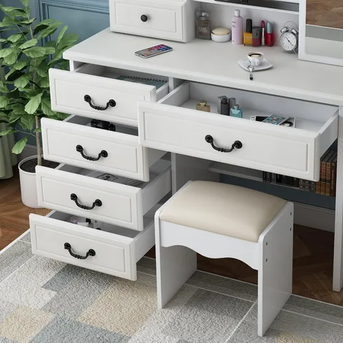 Vista 5 de Juego de mesa de tocador de maquillaje con espejo deslizante y luz, 3 modos de iluminación de color con brillo ajustable, tocador con taburete