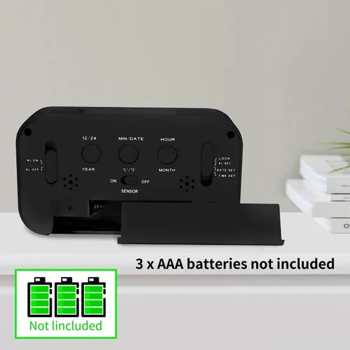 Vista 5 de Reloj despertador digital con temperatura interior, funciona con pilas, modelo con función de repetición, pantalla de 12/24H para dormitorios