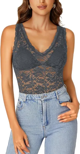 Vista 10 de Rooscier - Blusa sin mangas para mujer, con encaje floral, cuello en V, con volantes, transparente, sin sujetador