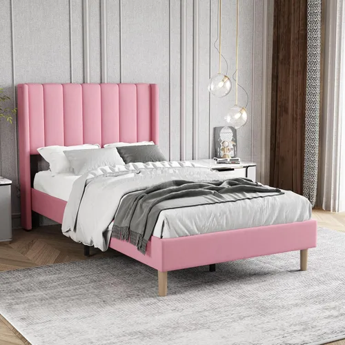 Vista 33 de Base de cama tapizada de tamaño individual con cabecero, listones de madera fuertes, no necesita somier, fácil montaje, terciopelo beige