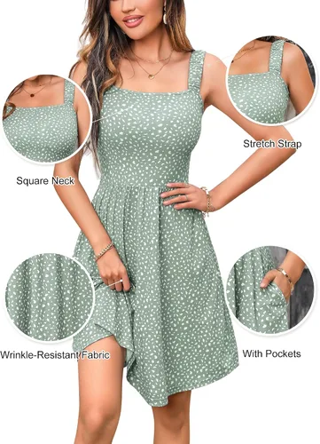 Vista 5 de HUHOT - Vestido casual de verano para mujer, con cuello cuadrado y bolsillo, bonito vestido por debajo de la rodilla, sin mangas, con cintura alta