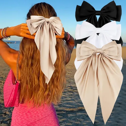 Vista 8 de Velscrun Lazos para el cabello para mujeres y niñas, 3 unidades, lazo blanco, lazo negro, azul marino, lazos grandes para el cabello con clip, lazos