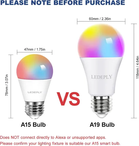 Vista 2 de Bombilla inteligente A15, bombillas LED WiFi E26, equivalente a 5 W a 40 W, cambio de color RGB regulable, compatible con Alexa Google, solo WiFi