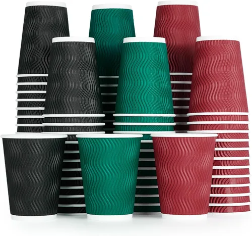 Vista 7 de MUCHII Tazas de café de papel aisladas de 10 onzas, 120 unidades, multicolor, desechables, diseño ondulado para bebidas calientes Multi