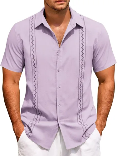 Vista 4 de Camisas de manga corta para hombre, estilo cubano, casual, con botones, para verano, para bolos, holgadas, hawaianas, para vacaciones en la playa