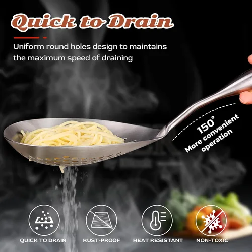 Vista 3 de Skimmer - Cuchara ranurada de acero inoxidable 304 de 16.5 pulgadas para pasta y araña, cuchara para cocinar y freír, cuchara coladora de metal
