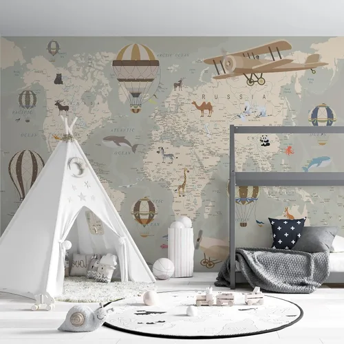 Vista 8 de Papel tapiz infantil con diseño de mapa del mundo con animales - Mural