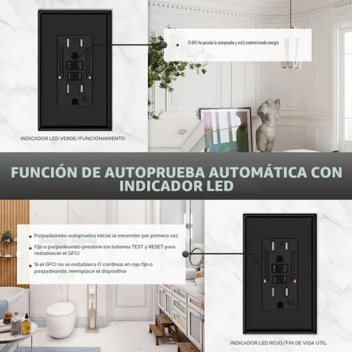 Vista 5 de Micmi Salida GFCI, receptáculo GFI resistente a manipulaciones con indicador LED, interruptor de circuito de falla de tierra de prueba automática