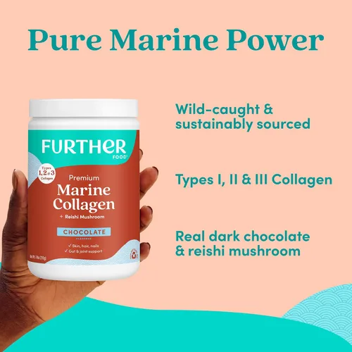 Vista 3 de Further Food Polvo de péptidos de colágeno marino de chocolate con hongo Reishi, pescado de origen sostenible capturado en la naturaleza