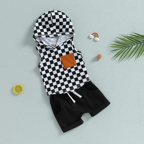 Vista 30 de Conjunto de ropa de verano para bebé niño y niño, diseño a cuadros, manga corta, sudadera con capucha y pantalones cortos casuales