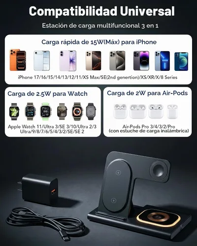 Vista 2 de Estación de carga rápida inalámbrica plegable 3 en 1 para dispositivos