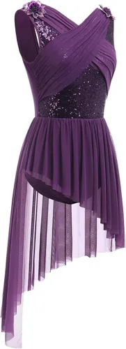 Vista 2 de AFAVOM Disfraz de baile lírico para mujer, vestido de lentejuelas con flores, falda asimétrica de tul fluida, disfraces de danza contemporánea