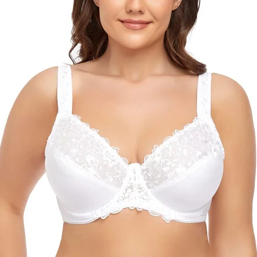 Vista 2 de TELIMUSSTO Brasier con aros de encaje floral de cobertura completa para mujer, talla grande, sin relleno, cómodo