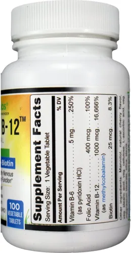 Vista 2 de Vitamina B12 sublingual (1000 mcg), B6 (5 mg), ácido fólico (400 mcg) y biotina (25 mcg), formulado con metilcobalamina vitamina B-12 (100 tabletas)