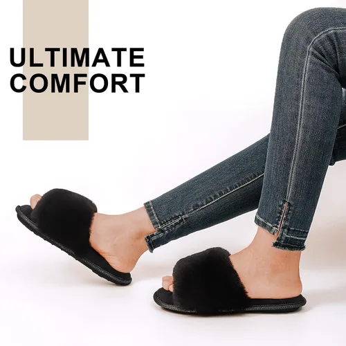 Vista 2 de LongBay Pantuflas de espuma viscoelástica de piel sintética para mujer, cómodas y planas, con puntera abierta, cómodas sandalias de casa