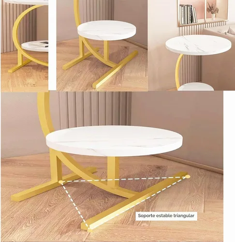 Vista 7 de Mesa auxiliar pequeña en forma de C con textura de mármol redonda de 2 capas, mesa auxiliar para sofá, mesita de noche para sala de estar, cocina