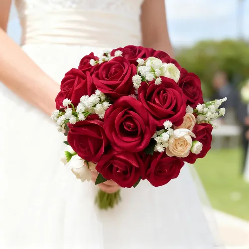 Vista 6 de 100 rosas artificiales rojas a granel, ramo de rosas artificiales de seda de terciopelo con tallos para decoración de bodas, flores falsas