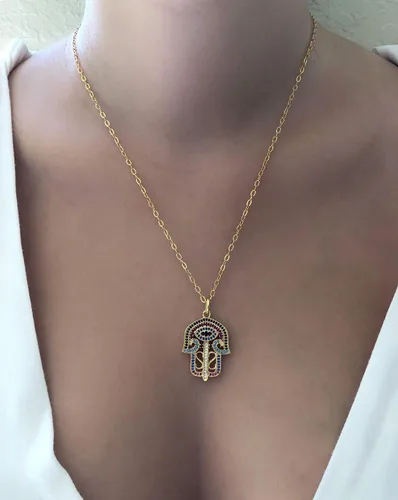 Vista 8 de Big Hamsa Hand Evil Eye Good Lariat Collar de 22 pulgadas