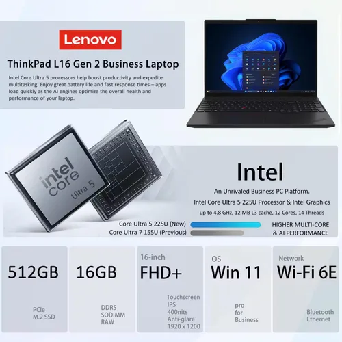 Vista 2 de Lenovo ThinkPad L16 Business AI PC Laptop (16" FHD+ pantalla táctil, Intel Ultra 5 225U (> Ultra 7 155U), 16 GB DDR5, 512 GB SSD), Premium E16, IPS