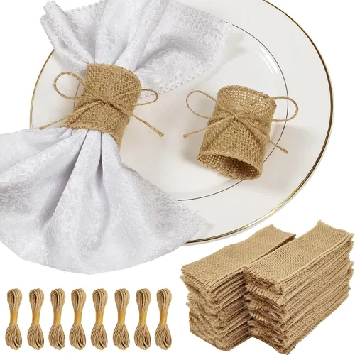 Vista 8 de Juego de 100 servilleteros de arpillera natural con cuerda de yute, servilletas desechables a granel, anillo rústico para mesas, decoraciones