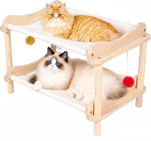 Vista 16 de Cama elevada de madera para gatos – 24 x 15.7 x 5.9 pulgadas, hamaca transpirable para mascotas para uso en interiores y exteriores, tumbona elevada