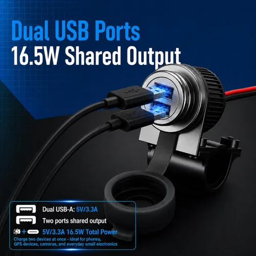 Vista 8 de Cliff Top Cargador USB para motocicleta, impermeable, doble puerto, 3.3A, 16.5W, adaptador USB para bicicleta, resistente para manillares de 7/8
