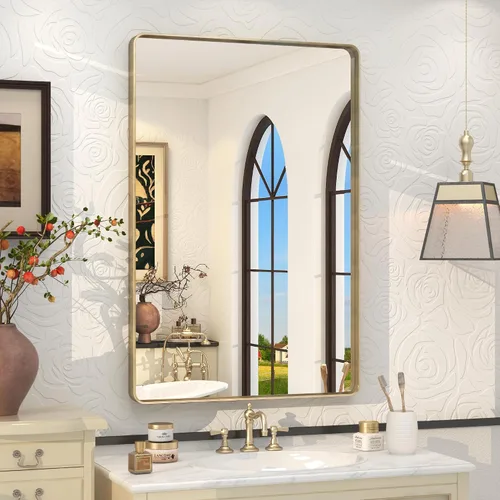 Vista 60 de Espejo rectangular para pared de baño de 20x30 pulgadas con marco negro mate, espejo de tocador con esquinas redondeadas, espejo de baño de metal