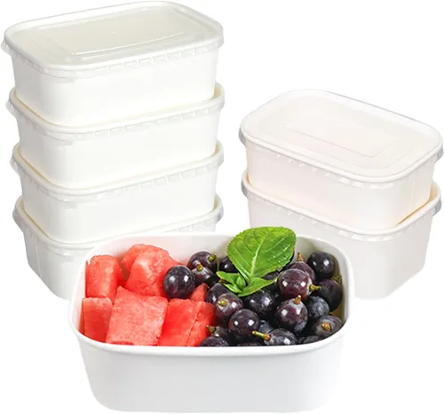 Vista 5 de Paquete de 50 cuencos de ensalada desechables con tapas, 25 onzas White Kraft Paper Food Containers, Microwave Freezer Safe, Oil-Proof Rectangular