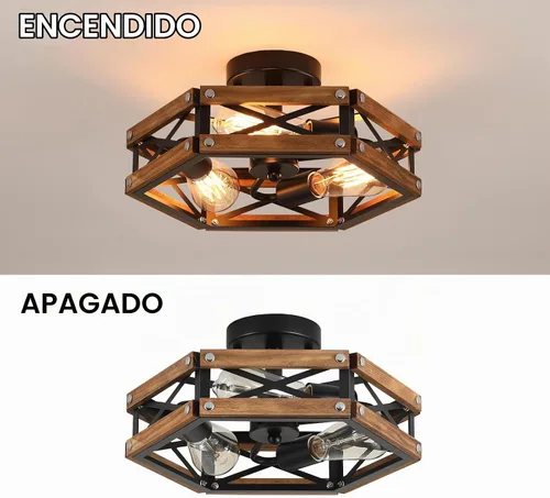 Vista 7 de Lámpara de techo de madera rústica de 3 luces, de madera de roble y jaula de metal, lámpara de techo semiempotrada para pasillo, pasillo, entrada