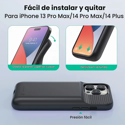 Vista 6 de Funda de batería para iPhone 14 Pro Max, 14 Plus y 13 Pro Max, funda de carga inteligente recargable real de 8600 mAh, batería protectora portátil