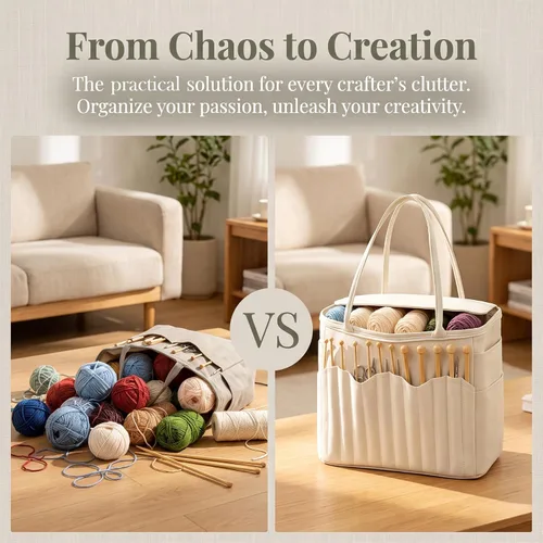 Vista 2 de Canvas Yarn Storage Bag, Personalized Knitting Bag with Needle Pockets and Handle, Knitting & Crochet Accessories Birthday Gift for Craft Black