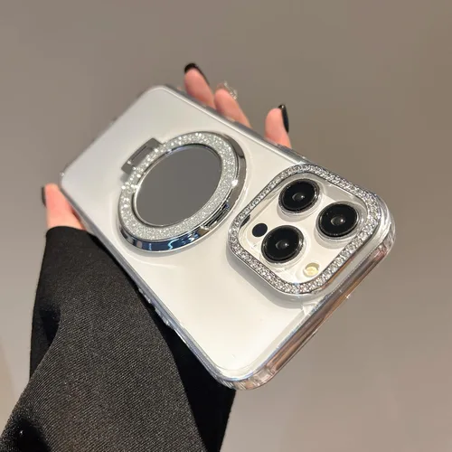 Vista 5 de Clear Mirror Case for Google Pixel 5A,Glitter Bling Ring Stand Rhinestone Aesthetic Transparent TPU Bumper Shockproof Protective Phone Cover for