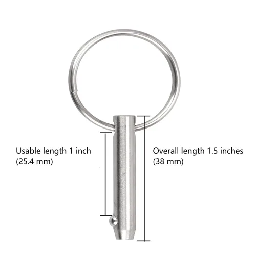 Vista 3 de 2 piezas de pines de liberación rápida de acero inoxidable 316 marino para toldo Bimini, diámetro 1/4" (6.3 mm), longitud total 1.5" (38 mm)