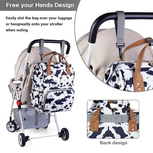 Vista 6 de Mochila para pañales, bolsa impermeable para el cuidado del bebé, bolsa cambiadora de pañales para bebé de viaje (vaca)