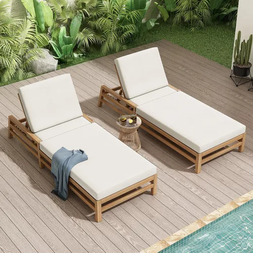 Vista 22 de Tumbona reclinable para patio al aire libre con respaldo ajustable de 5 posiciones y mesa auxiliar de madera, silla lounge para todo tipo de clima