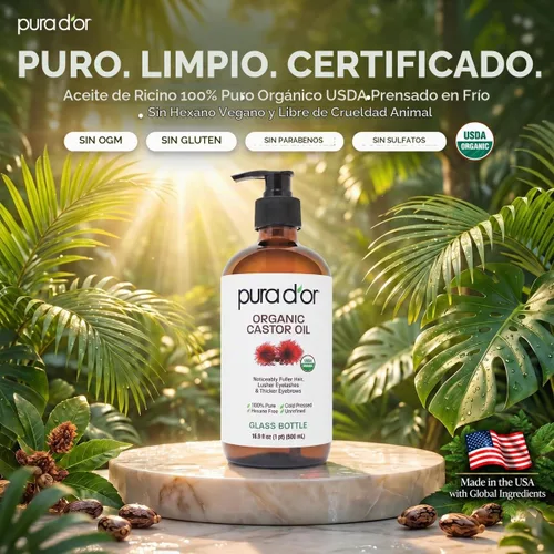 Vista 8 de PURA D'OR ORGANIC Castor Oil (GLASS BOTTLE) Pure Cold-Pressed, 16.9oz