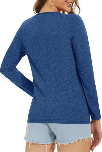 Vista 3 de MAGCOMSEN Camisetas básicas de algodón de manga larga con cuello en V para mujer, suaves, lisas, transpirables, casuales, para verano