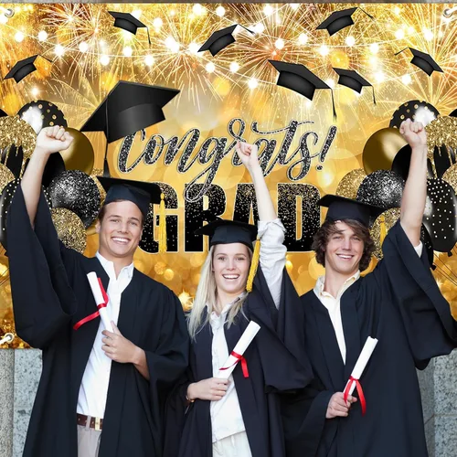 Vista 4 de Avezano Congrats Grad - Telón de fondo negro dorado con purpurina para fiesta de graduación, fondo de fotografía, clase de 2025, celebración, fiesta