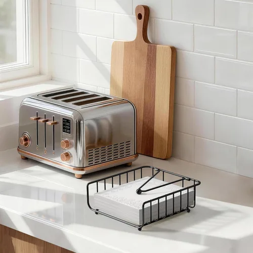 Vista 7 de Paquete de 2 servilleteros para mesa con brazo pesado, servilleteros planos de metal para servilletas de papel, dispensador de servilletas al aire