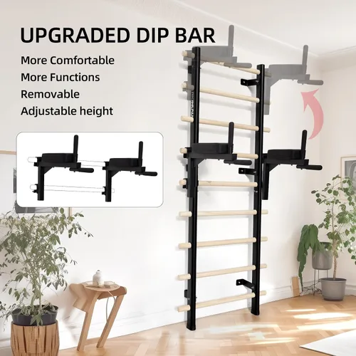 Vista 2 de Swedish Ladder Dip Bar Attachment, Fits TS003A Ladder, Wood Stall Bar for School, Physical Therapy and Gymnastics, Multi-grip