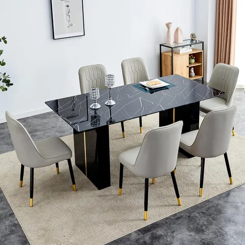 Vista 15 de Juego de mesa de comedor de vidrio de 71 pulgadas para 6, mesa de comedor para 6, mesa de vidrio templado con marco de MDF blanco y 6 sillas