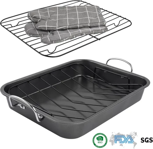 Vista 7 de Kitcom - Sartén para asar antiadherente con estante, juego de asador rectangular de 16 pulgadas x 11.5 pulgadas para asar pavo, pollo, carne