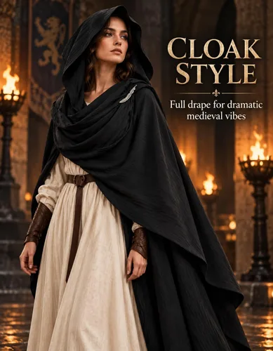 Vista 2 de JPXH Conjunto de bufanda con capucha con cinturón y muñequeras para cosplay medieval Negro