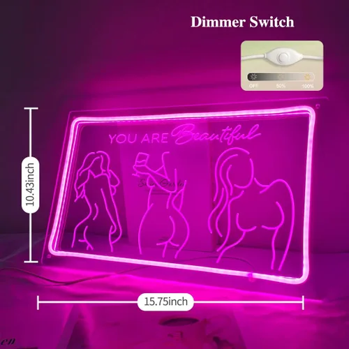 Vista 4 de Britrio Señal de neón con texto en inglés "Lady Back", decoración artística de pared de neón rosa con texto en inglés «You Are Beautiful», luz
