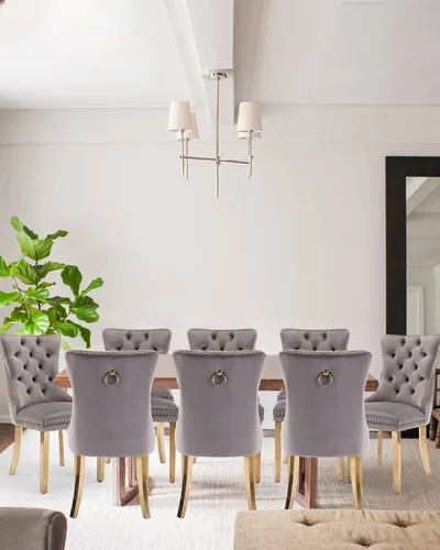 Vista 8 de Juego de 2 sillas de comedor de terciopelo con patas de madera, color beige Mid Century Modern Dining Chairs,Upholstered Chairs with Nailhead