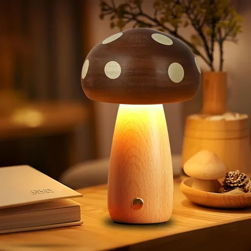 Vista 2 de LONRISWAY Paquete de 2 lámparas de mesa LED de madera con forma de hongo, lámparas pequeñas recargables inalámbricas táctiles, luz nocturna