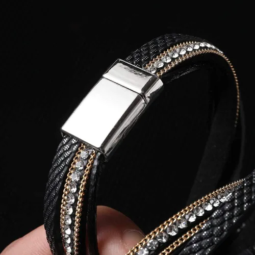 Vista 5 de Fesciory - Pulseras envolventes de cuero para mujer, brazaletes con cuentas de cristal de leopardo, estilo bohemio, multicapa